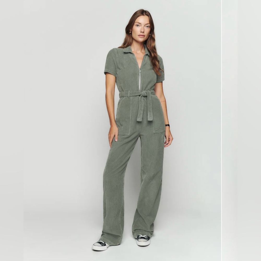 Reformation Cassidy Long Corduroy Jumpsuit Short Sleeve Olive Green